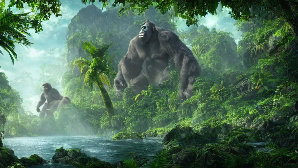 Image similar to King Kong in a tropical forest, fantasy artwork, very very very beautiful scenery, hd, hdr, ue5, ue6, unreal engine 5, cinematic 4k wallpaper, 8k, ultra detailed, high resolution, artstation, award winning