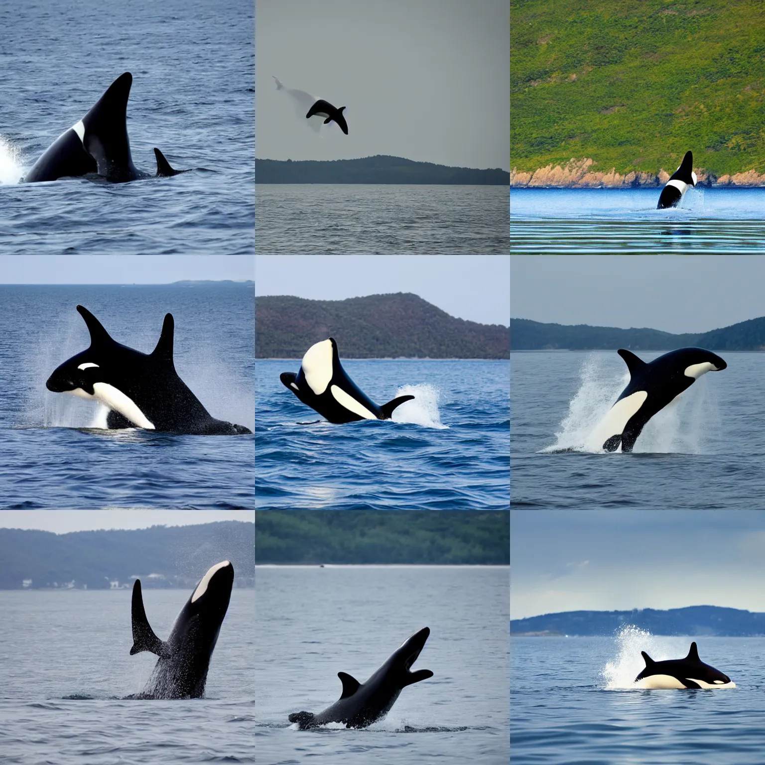 Prompt: orca jumping out of the ocean, wide shot angle