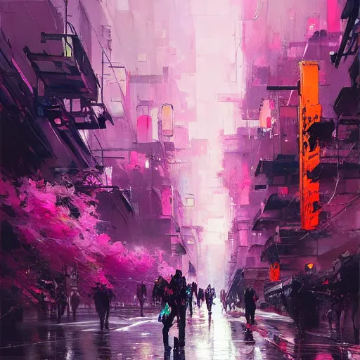 Prompt: acrylic painting, impressionism and expressionism, bold colors, expressive brushstrokes. a city street with pink flowers, cyberpunk art by wadim kashin, cgsociety, panfuturism, cityscape, dystopian art, anime aesthetic