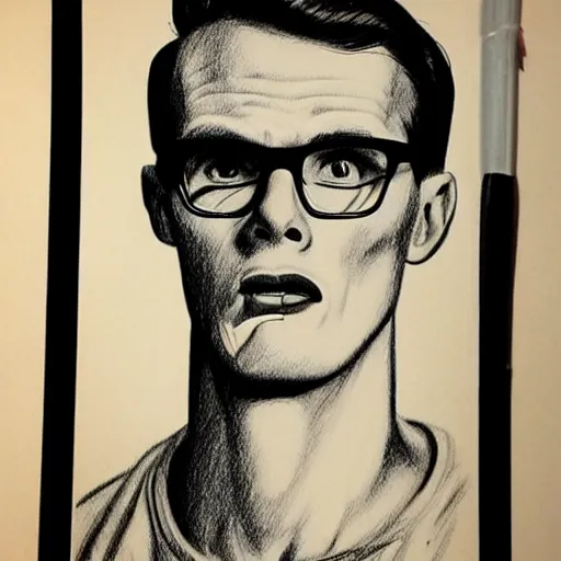 Image similar to A 1950s Style Comic-Like Drawing of iDubbbz, grainy, realistic, hyperrealistic, very realistic, very very realistic, highly detailed, very detailed, extremely detailed, detailed, digital art, trending on artstation, detailed face, very detailed face, very detailed face, realism, HD Quality, 8k resolution, intricate details, body and head in frame, drawing, inked drawing, comic drawing, neat drawing, 1950s, 50s, in the style of Frank Hampson, in the style of Frank Bellamy, in the style of Dave Gibbons, in the style of Don Lawrence, in the style of Wally Wood