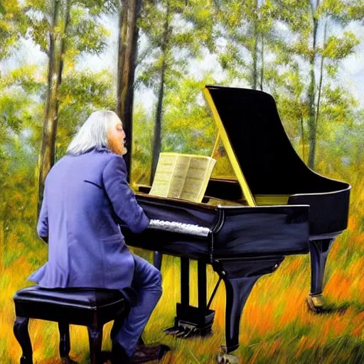 Prompt: ultra realistic painting of bach sitting on a piano inside of a forest, thick brush strokes, visible paint layers, taken from the back of bach.