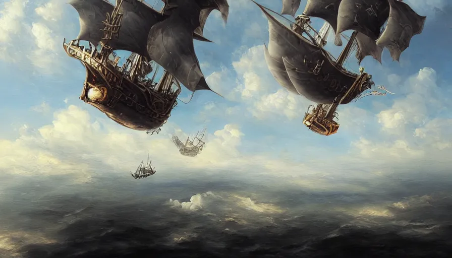 Prompt: a large pirate airship flying among the clouds, soaring through the sky, realist painting, pirate, beautiful, highly detailed, trending on art station