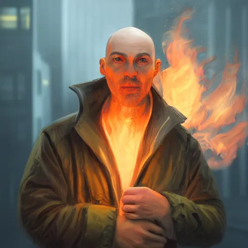 Image similar to an artstation trending portrait painting of a bald english man standing in front of a building on fire, octane render