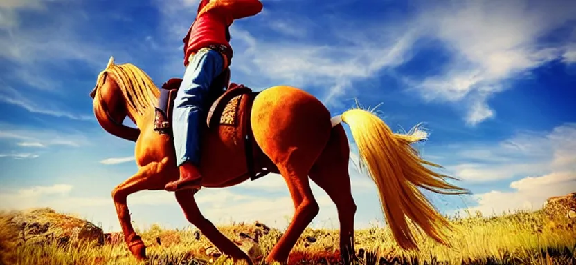 Prompt: “ luffy riding horse, side shot, 8 k resolution, high detailed ”