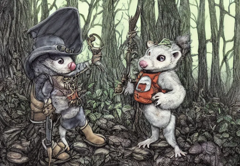Prompt: possum dressed as an adventurer, hidden in the forest, dark night, colorized, highly detailed, 4k, trending on Artstation, award-winning, art by Maurice Sendak
