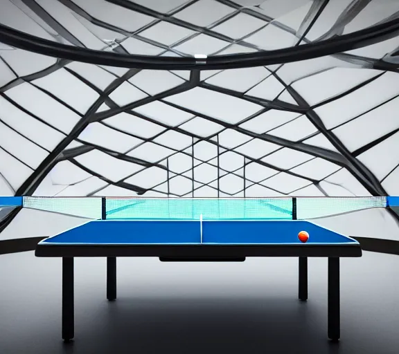 Prompt: A table tennis table on a pool inside a futuristic lounge in a glass dome, designed by zaha hadid, octane render, ray tracing, 8k resolution, sharp