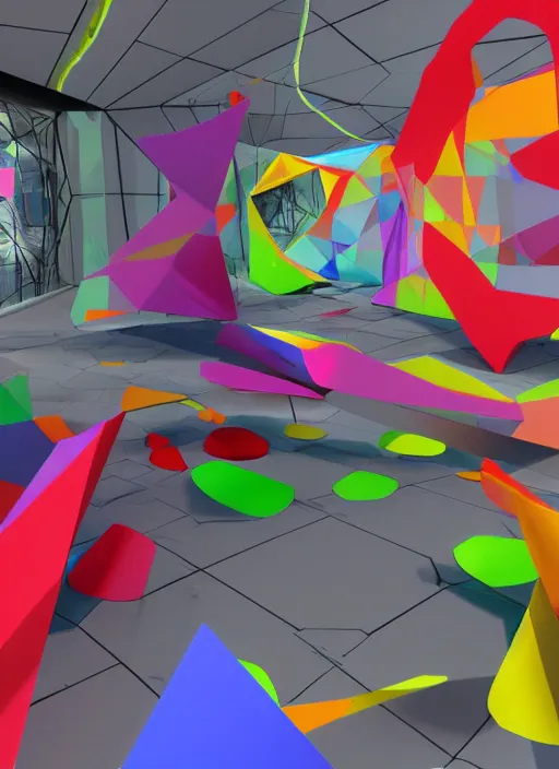 Image similar to : hyperbolic color abstract shapes art installation in museum zbrush dalle2 3d render unity unrealengine octane