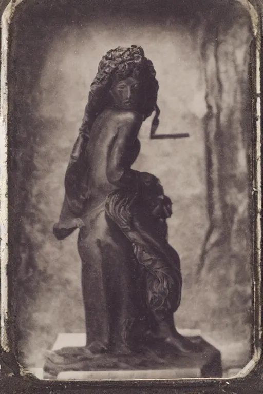 Image similar to a daguerreotype depicting an ancient martian stygian evil obsidian statue of thomasin mckenzie as the goddess persephone