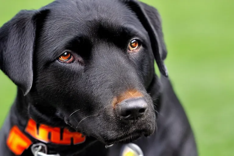 Prompt: black labrador with auburn university logo on its chest