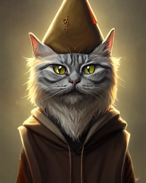 Image similar to A wizard cat, wizard hat, bearded, cat shaped staff, highly detailed, sharp focus, art by Artgerm and Greg Rutkowski and WLOP