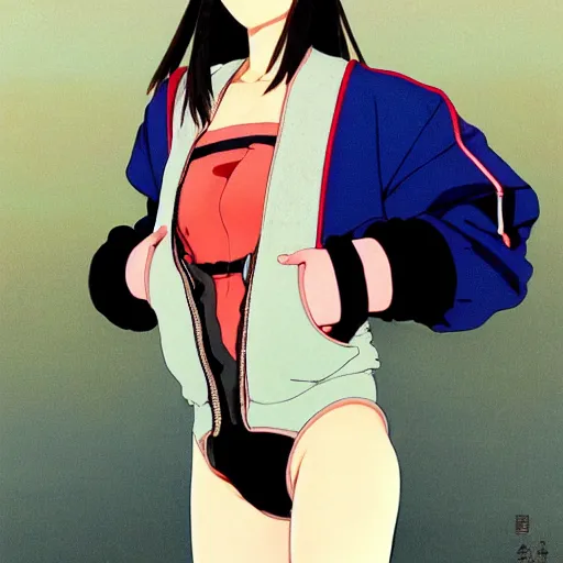 Image similar to a beautiful japanese natalie portman gravure model, wearing oversized native designer bomber jacket and leotard with overalls, bulky poofy bomber jacket with mesoamerican patterns, mesoamerican native street fashion, gapmoe yandere grimdark, trending on pixiv fanbox, painted by greg rutkowski makoto shinkai takashi takeuchi studio ghibli, akihiko yoshida