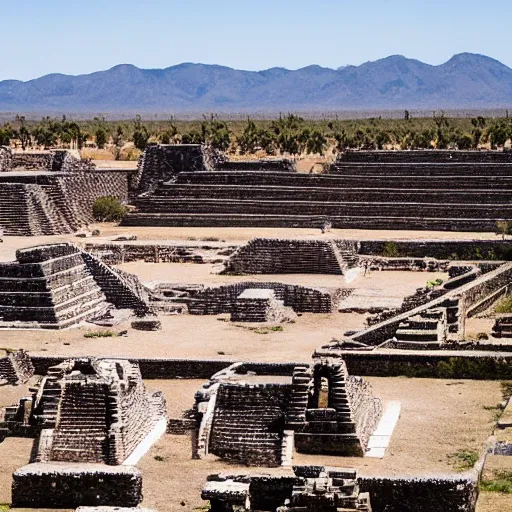 Image similar to ruins of a mesoamerican aztec city in a desert, diamond structures and floating ruins