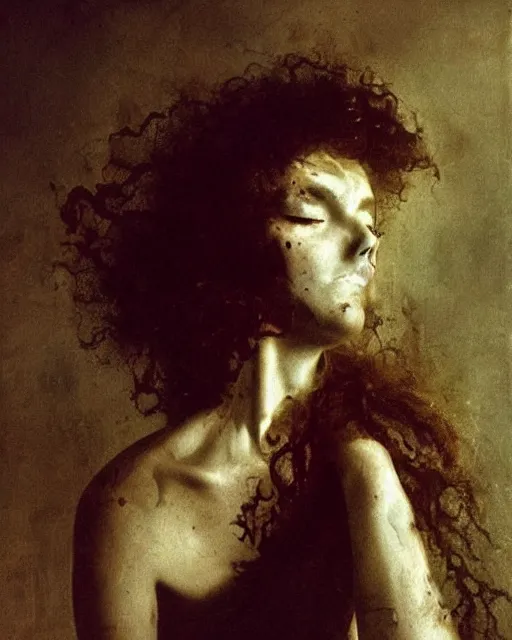 Image similar to a beautiful and eerie baroque painting of a gorgeous young woman bleeding in dead space. She has wild, curly hair, freckles and violence in her eyes photographed in the 1970s