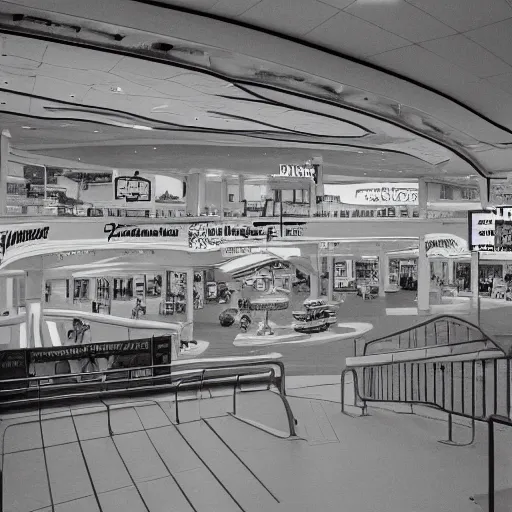 Image similar to springfield mall virginia 1980s, photorealistic, 8k, award winning, black and white