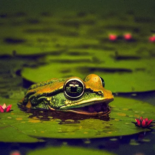 Image similar to dark clouds, close - up of a scared!!! frog in the pond with water lilies, shallow depth of field, highly detailed, autumn, rain, bad weather, ominous, digital art, masterpiece, matte painting, sharp focus, matte painting, by isaac levitan, asher brown durand,