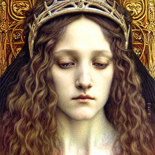 Image similar to detailed realistic beautiful young medieval queen face portrait by jean delville and marco mazzoni, art nouveau, symbolist, visionary, gothic, pre - raphaelite