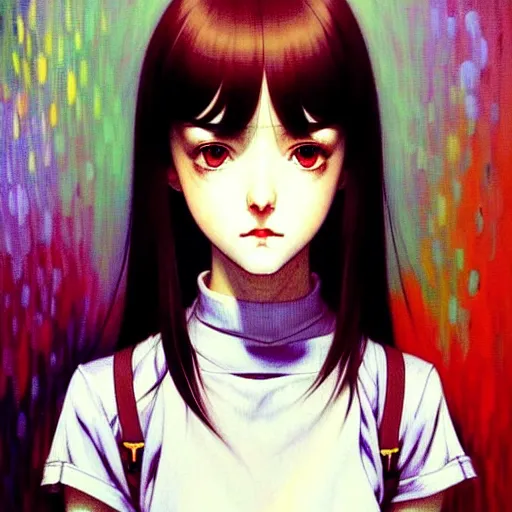 Image similar to a beautiful youth teenage depressed ocd psychotic loner girl in school struggling with morbid thoughts, angry eyes, soft skin, magnificent art by ilya kuvshinov, monet, range murata, artgerm, katsuhiro otomo, norman rockwell, highly detailed intricately sharp focus, bedroom eyes trending on pinterest vogue italia 3 5 mm, 4 k uhd image