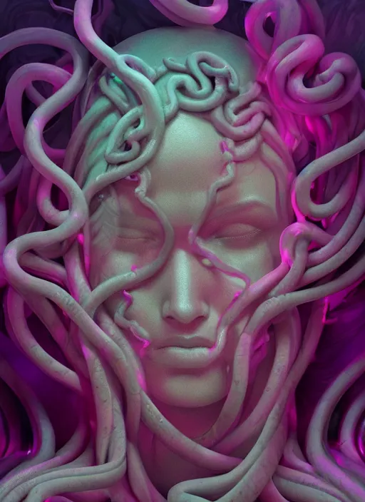 Prompt: medusa made of soft wax, wooden art nouveau swirls, strong subsurface scattering, cables, translucent tubes, subsurface scattering, in the style of ruan jia and beeple and giger, subsurface scattering, mystical colors, rim light, dramatic lighting, 8 k, stunning scene, raytracing, octane render, trending on artstation