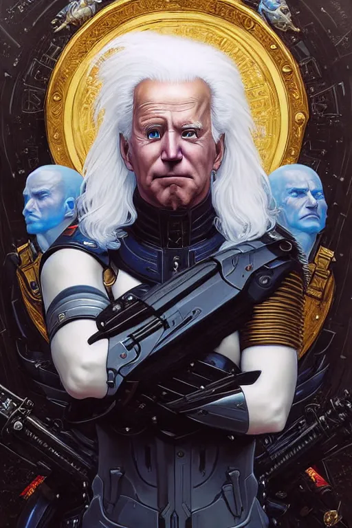 Image similar to portrait of joe biden goth cyborg with white hair in warhammer armor, art by kuvshinov ilya and wayne barlowe and gustav klimt and artgerm and wlop and william - adolphe bouguereau