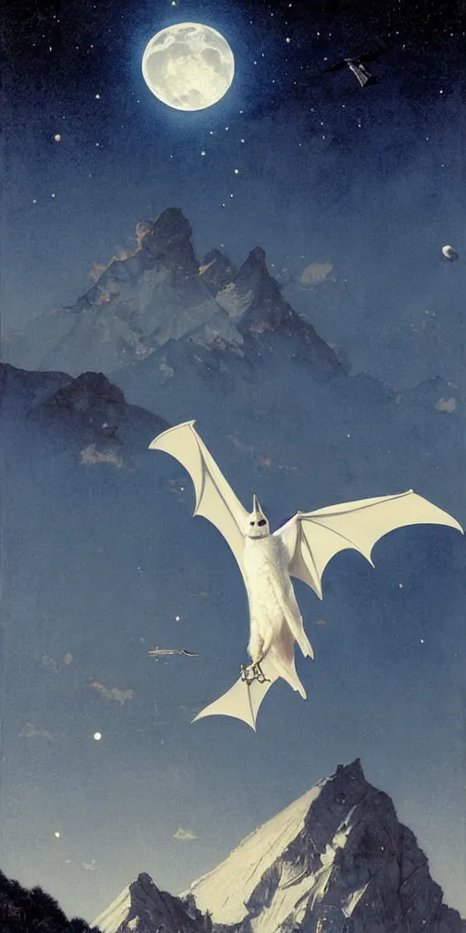 Prompt: a white bat, flying against a night sky, mountain in the background, moonlight, denoised, very detailed, painted by james gurney, norman rockwell, tom bagshaw