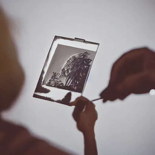 Prompt: photograph of an artist painting a picture of a polaroid of a camera