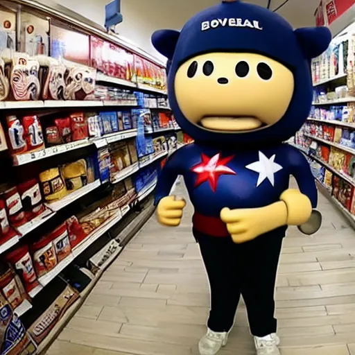 Prompt: bodycam photo of a drunk chris evans beating a small store mascot, wide angle, fisheye, uhd, 8 k, bodycam, award winning,