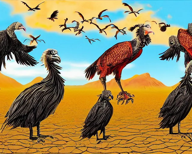 Prompt: vultures feeding on carrion in the desert, caricature, surreal, colorful