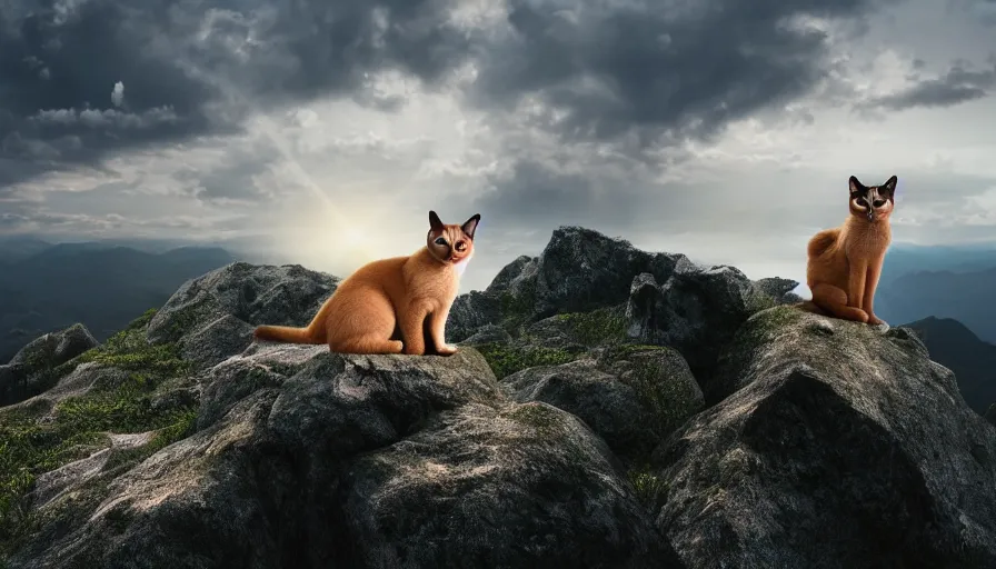 Prompt: a siamese cat standing on the peak of a mountain range, looking far, digital art, epic lighting, epic composition, 4 k