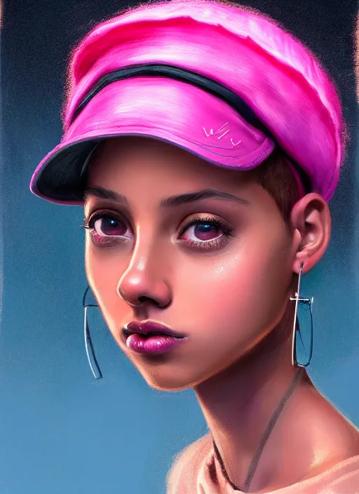 Image similar to portrait of teenage vanessa morgan with bright pink hair, black girl, curly pixie cut hair, wearing newsboy cap, pink short haircut, newsboy cap, hoop earrings, blue eyes, intricate, elegant, glowing lights, highly detailed, digital painting, artstation, concept art, smooth, sharp focus, illustration, art by wlop, mars ravelo and greg rutkowski