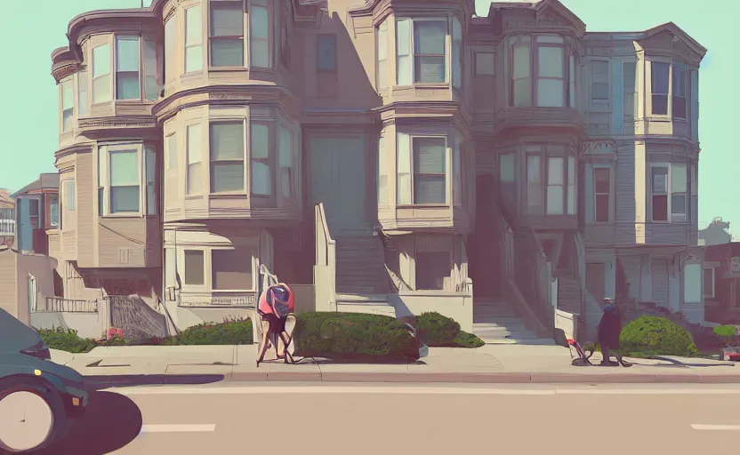 Image similar to a front view san francisco neighborhood illustration by atey ghailan, trending on artstation