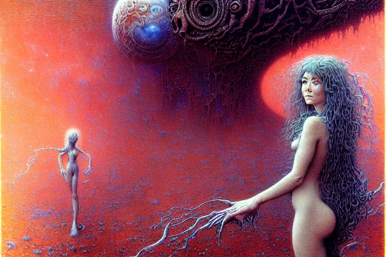 Image similar to cute young alyson hannigan with short hairs on lovecraftian planet by jean delville by luis royo and wayne barlowe, beksinski