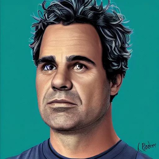 Image similar to portrait of mark ruffalo, highly detailed, centered, solid color background, digital painting