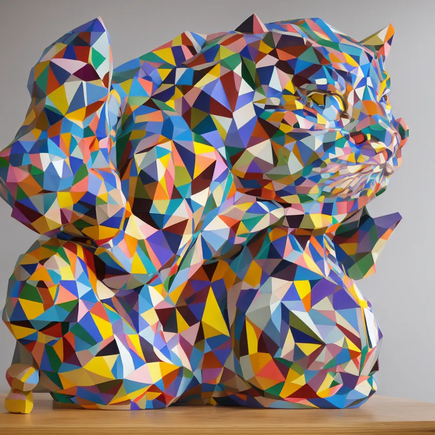 Prompt: beautiful gallery show studio photograph of a giant realistic geometric ceramic sculpture of lil bub cat!!!!, heavily glazed by bridget riley and victor vasarely, placed on a polished wooden table, colorful hyperrealism 8 k trending on artstation