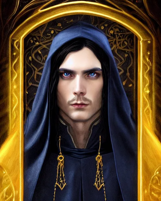 Image similar to handsome mage at the end of time, long black hair blue eyes wearing cloth mantle gothic navy cloak with gold details, castle town, fantasy character portrait, ultra realistic, intricate, elegant, cinematic lighting, highly detailed, digital painting, artstation, smooth, sharp, focus, illustration, art by artgerm and greg rutkowski and alphonse mucha