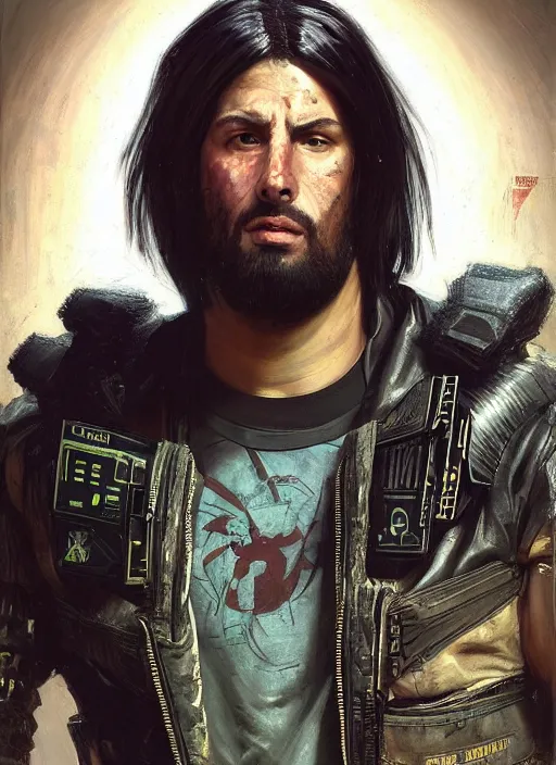 Image similar to big mike. cyberpunk professional wrestler wearing a military vest and combat gear. (Cyberpunk 2077, bladerunner 2049). Round face. Iranian orientalist portrait by john william waterhouse and Edwin Longsden Long and Theodore Ralli and Nasreddine Dinet, oil on canvas. Cinematic, hyper realism, realistic proportions, dramatic lighting, high detail 4k