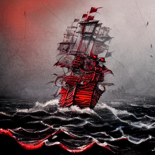 Image similar to A pirate ship sailing through a sea of blood, detailed, cloudy, foggy, lights, realistic,