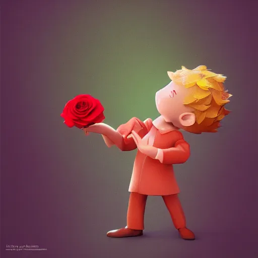 Image similar to the little prince holding a red rose illustration, bokeh, octane render, award winning, trending on art station