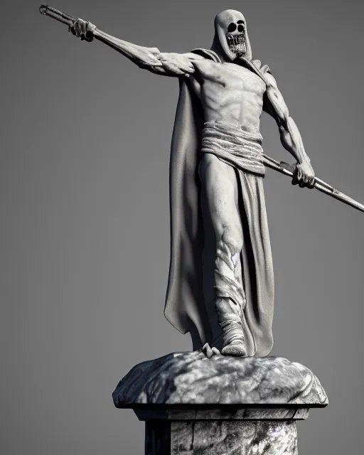 Image similar to a hyper realistic marble statue of the grim reaper, 4 k, cinematic lighting