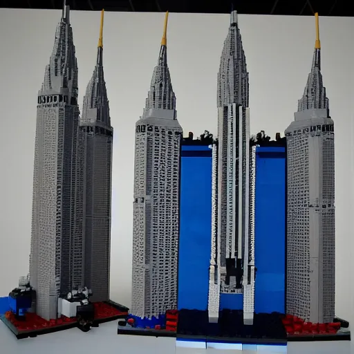 Image similar to the twin towers with 2 airplanes as a lego set