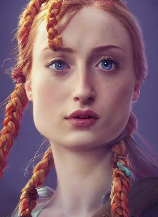 Image similar to portrait Sophie Turner as Pippi Longstocking, full length shot, shining, 8k highly detailed, sharp focus, illustration, art by artgerm, mucha, bouguereau