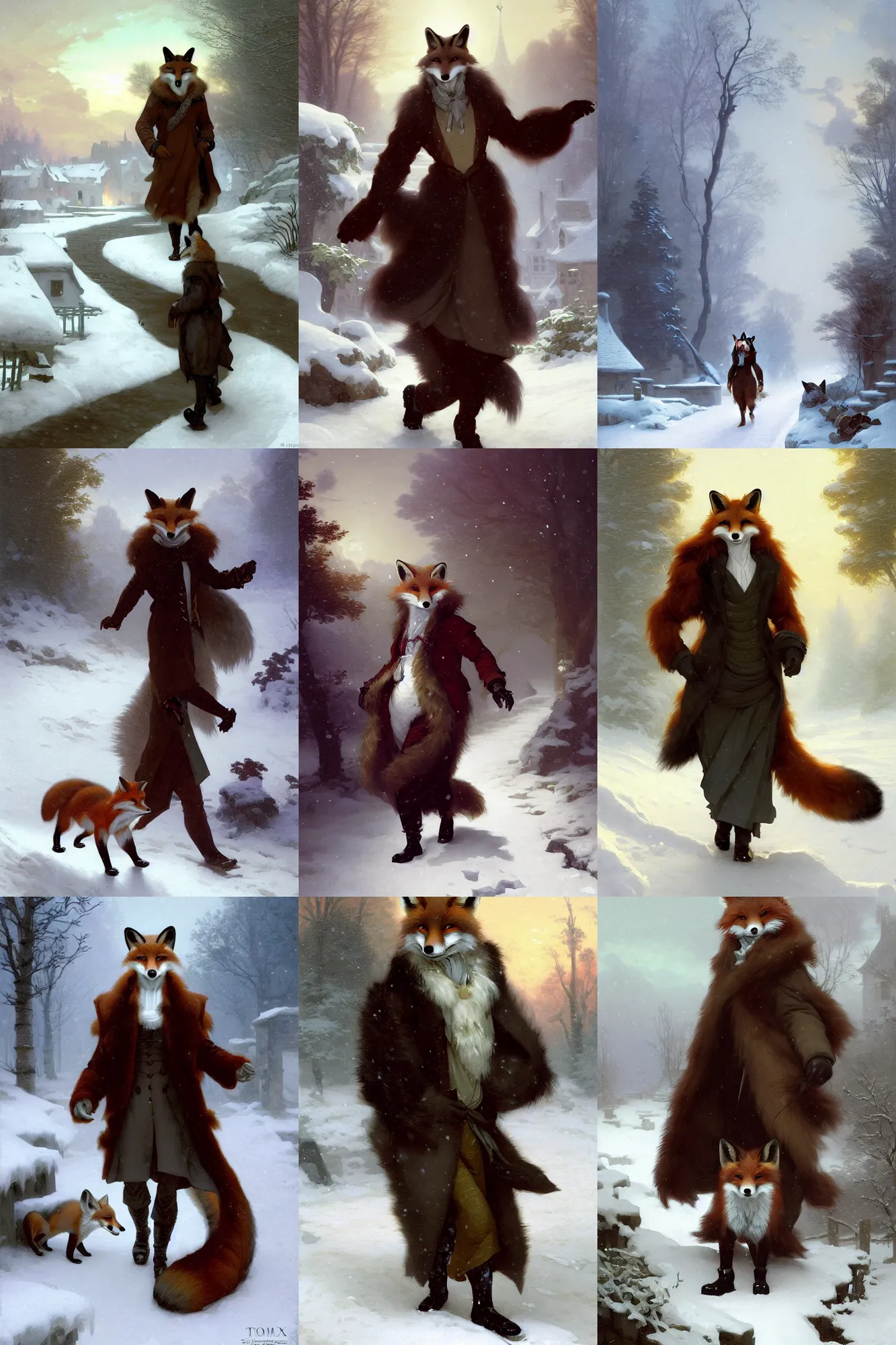 Prompt: an anthropomorphic fox man wearing a long fur coat in a snowy village, his long tail dragging behind him, character illustration by greg rutkowski, thomas kinkade, Franz Xaver Winterhalter, William-Adolphe Bouguereau, Zhang Jingna