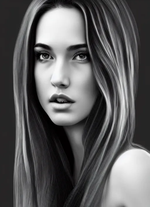 Image similar to full body portrait of a beautiful young woman in black and white, photorealistic, hair down to waist, sharp focus, in the style of Kevin Kostic, Stephen Lau and artgerm, hyper sharp focus, 8k highly detailed