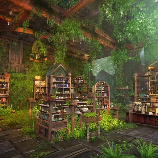 Image similar to beautiful alchemical potion shop in a lush forest, 4k realistic, cryengine