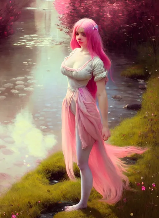 Image similar to whimsical young woman, beautiful girl, full body, pink hair, by a stream, realistic, serov, surikov, vasnetsov, repin, kramskoi, insanely detailed, charlie bowater, tom bagshaw, high resolution, octane rendered, unreal engine, illustration, trending on artstation, masterpiece, 8 k