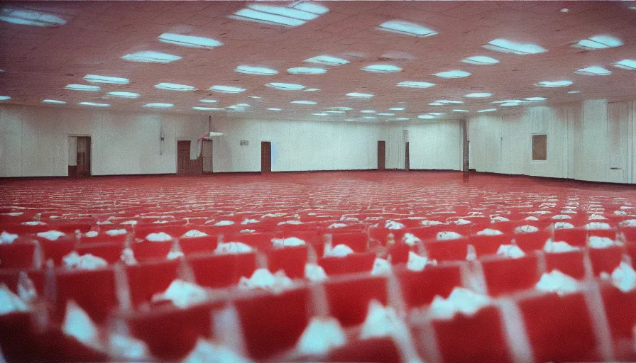 Prompt: 60s movie still of a sovietic stalinist style wide empty ballroom with USSR's flags, cinestill 800t 50mm eastmancolor, liminal Space style, heavy grain-s 150