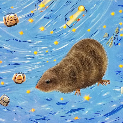 Prompt: robotic giant shrew swimming in the milky way galaxy