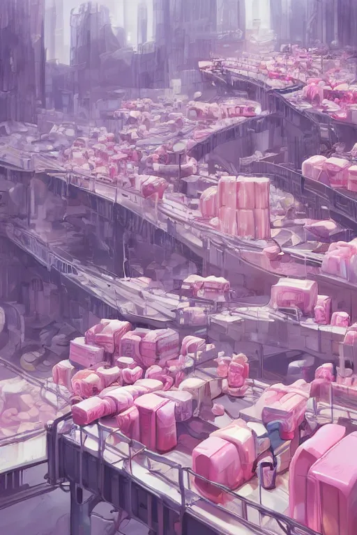 Image similar to Diaper Disposal Factory, Overflowing with Diapers, digital art, fantasy, trending on artstation, professional illustration, cgsociety, ultra detailed, celshaded, colorful, mechanical, conveyor belt, vat of pink liquid