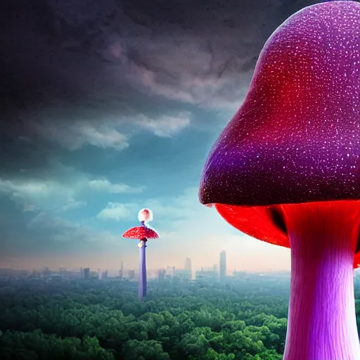 Prompt: a giant, nightmarish mushroom looking over an exotic city on the horizon, a mushroom forest, a red and purple mist filled with eyes