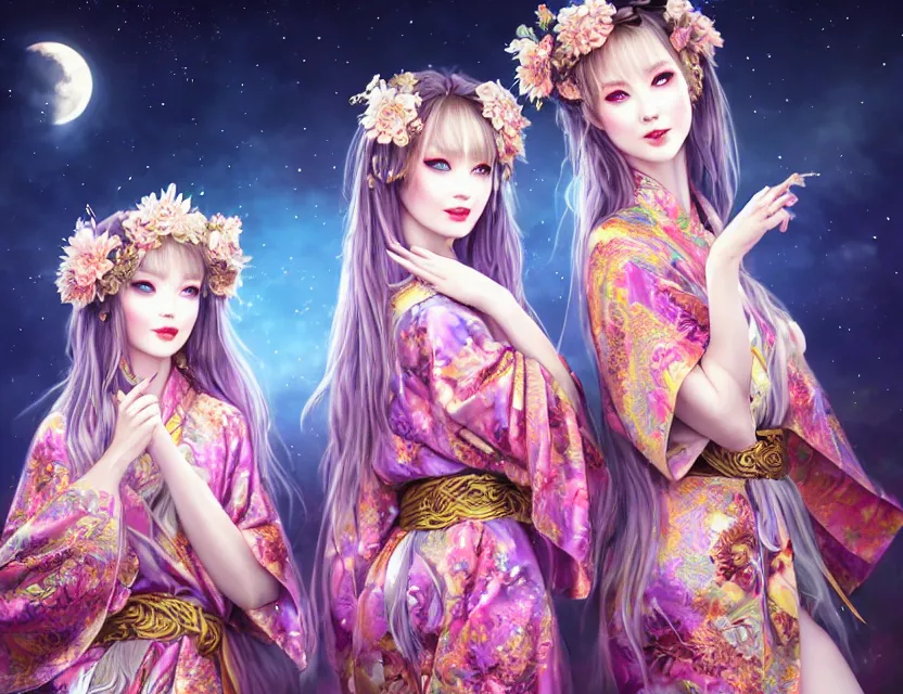 Image similar to two beautiful alluring siberian girls wear fantasy kimono in festival | | sunny night, full moon, dreamlike art, realistic shaded, smile, good looking, hyper details, 4 k realistic, cryengine, realistic shaded lighting poster by artgerm, ross tran, fuji choko, 8 k resolution, trending on artstation, luxury