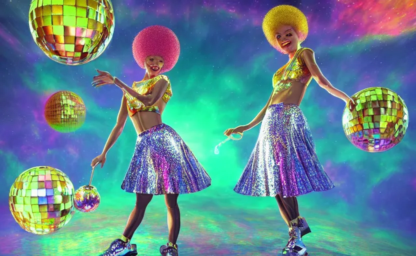 Image similar to Ultradetailed, hyperrealistic, a vintage roller skating diva wearing a disco ball skirt with a disco ball afro in a psychedelic cosmic roller rink in the clouds, by Vladimir kush, by josip csoor, by roger dean, rendered in octane, volumetric lighting, 3d rendering, retro color scheme, trending on artstation -20